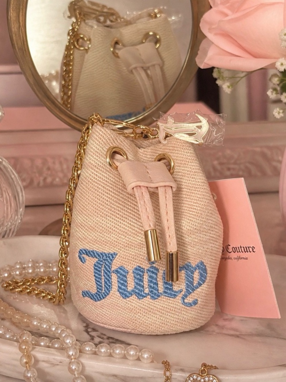 Juicy Couture Pink Denim Mini Bucket Purse on Chain
